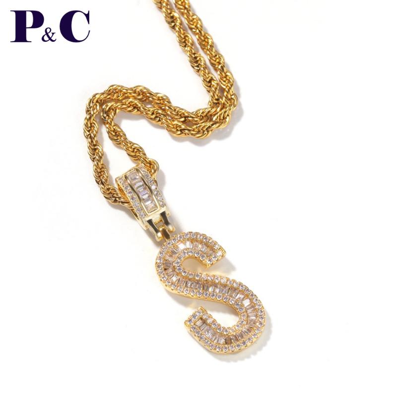 

A-Z Gold Baguette Initials Letters Pendant Necklace Fashion Iced Out Cubic Zriconia Men's chain Hip hop Jewelry