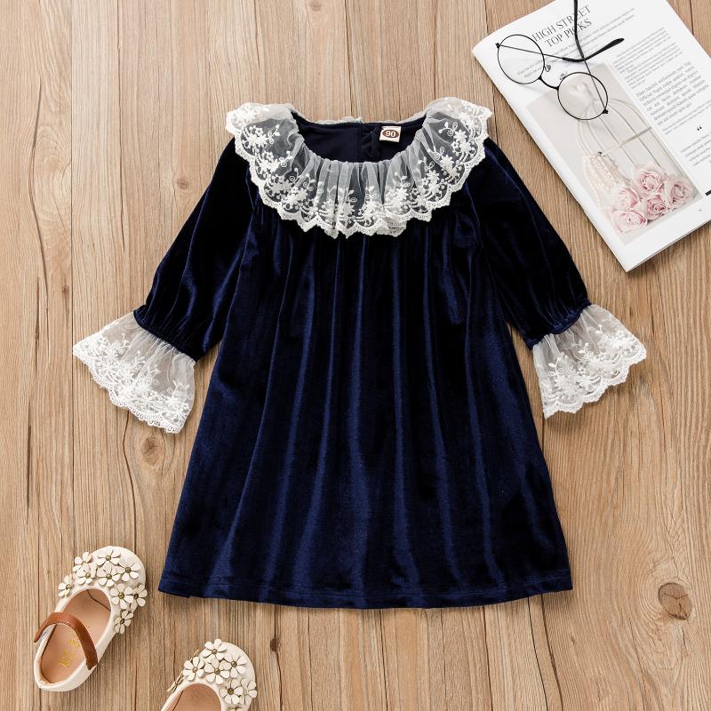 

Baby / Toddler Lace Decor Velvet Long-sleeve Dress, Navy