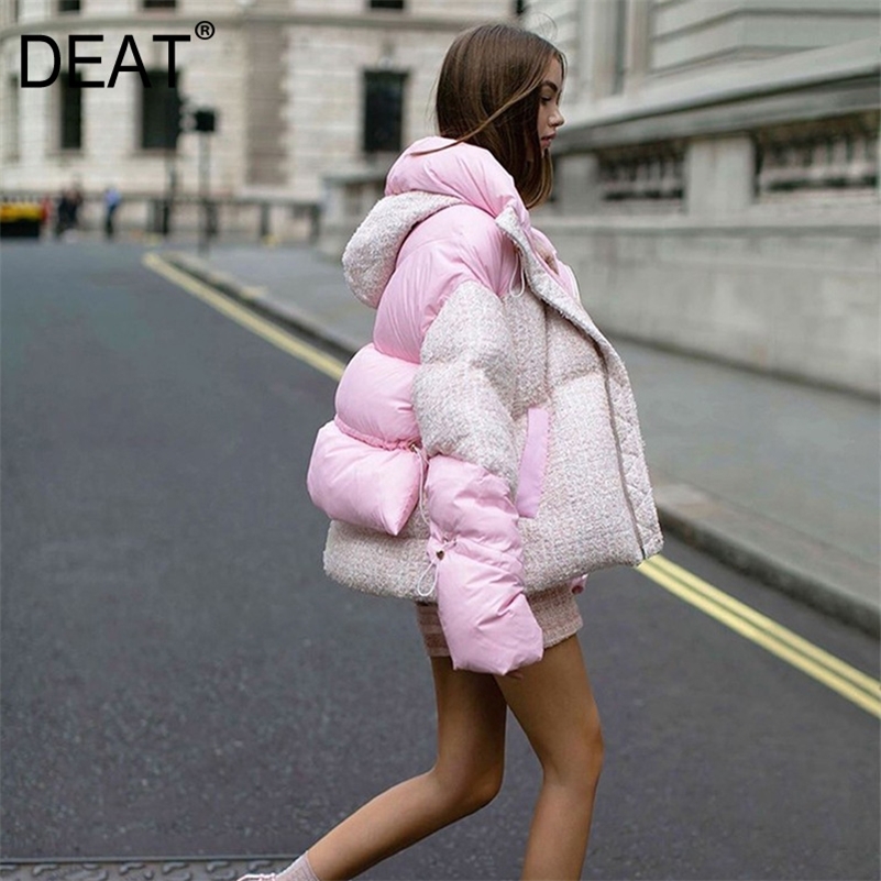 DEAT New Autumn And Winter Fashion Casual Long Sleeve Slim Patchwork Solid Volor A-line Hooded Down Jacket For Women Top SF944 201217