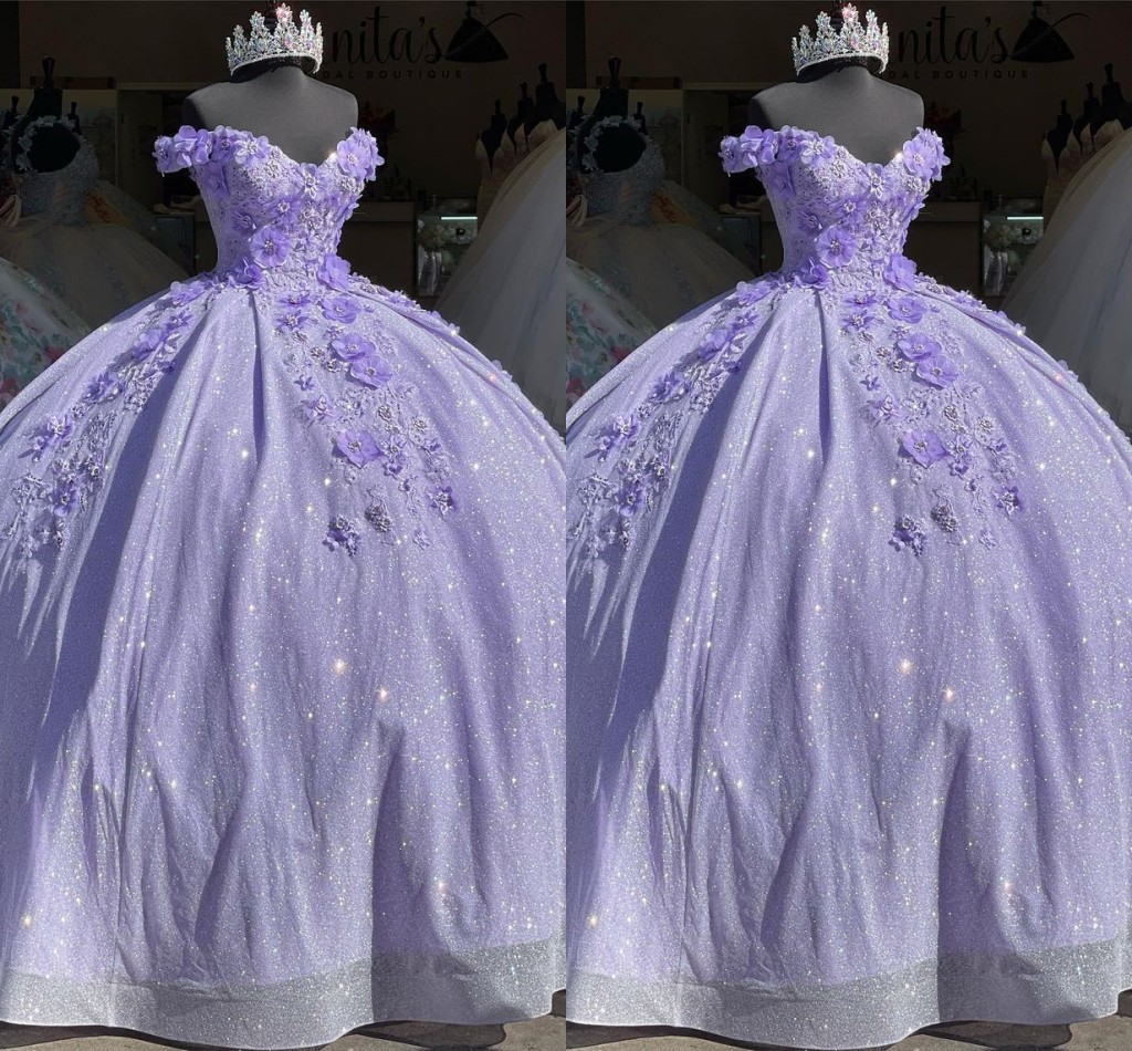 

Glitter Tulle Lilac Prom Quinceanera Dresses With Flowers Beaded Off The Shoulder Sweet 16 Dress Puffy Corset Back Formal Party Pageant, Chocolate