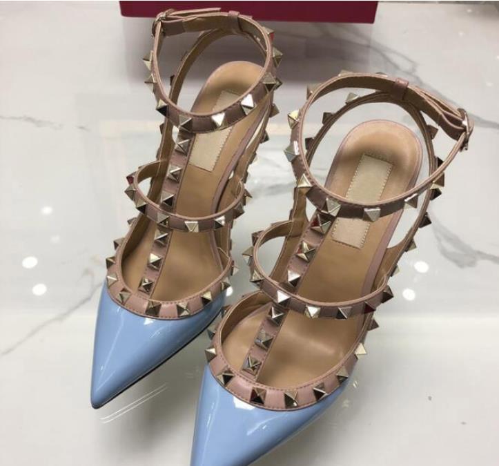 

2020 Big Size Designer Pointed Toe 2-Strap with Studs high heels Patent Leather rivets Sandals Women Studded Strappy Dress Shoes Sandals, A3