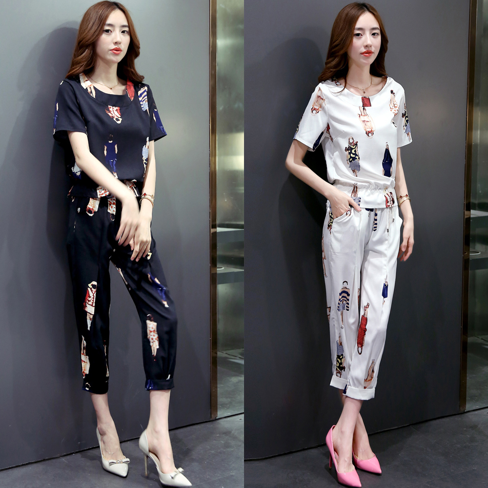 

Female set summer pieces lady topes casual suits short sleeve top T-shirt + capris cut down pants of two suit parts, White