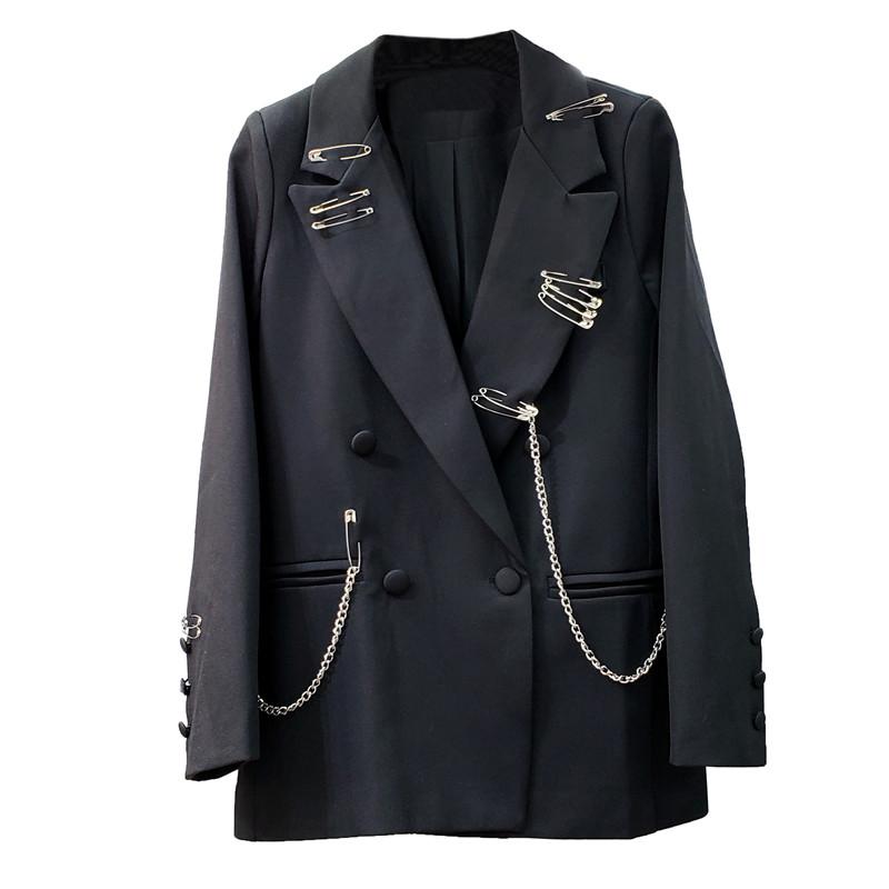 

EWQ]2020 Autumn Winter New Sweet Women Oversize Jacket Long Sleeve Loose Ladies Office Coat Suits Outwear Chain Decoration, Black