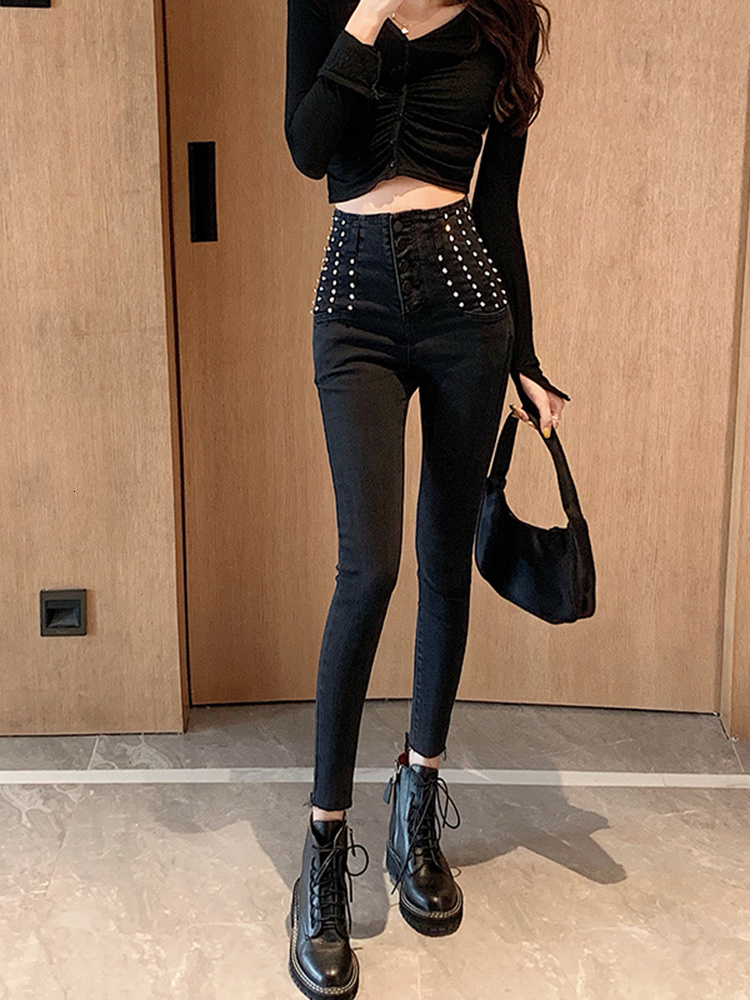 

2021 Autumn Lean Black Std Jeans for Woman Street Clothes Wear Vintage Pants B6b6
