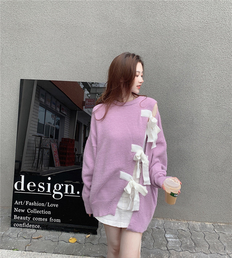 

2021 Female Fashion Large-scale Split Bowtie New Winter Loose Korean Style Long-sleeved Top Chic Sweater GB59, Sky blue