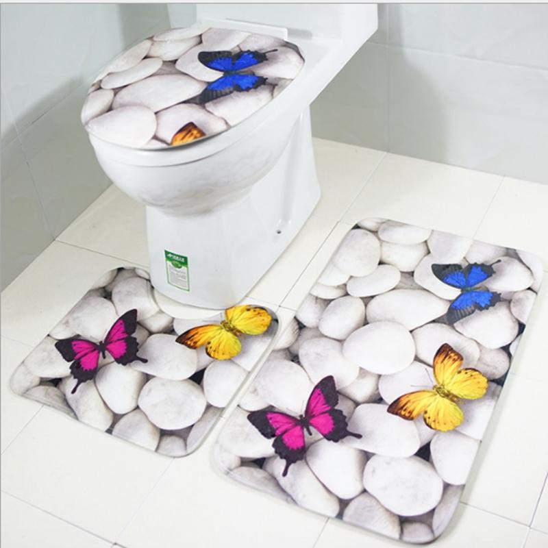 

3 Pcs/Set European Geometric Patterns Toilet Bath Mats Non Slip Bathroom Mat Toilet Rug with Cover