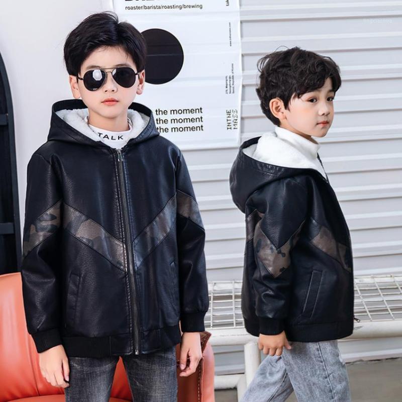

2020 Autumn Winter New Children PU jackets Thicker Warm Stitching locomotive Outerwear for boys loose hooded PU jackets Y33281, Black