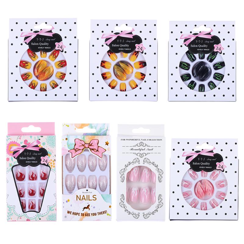 

24Pcs/Box UV Gel Acrylic Full Cover Coffin Fake Nails Flame False Nail Tips Blue/Purple DIY Ballerina Beauty Tools, 09