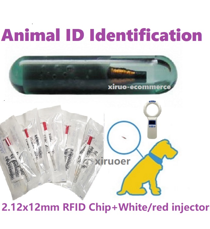 

100set Non-medical 134.2KHz ISO FDX-B Animal Chip Dogs 2.12x12mm Pet Microchips Transponder Syringe animal Syringe injector For Pet Checking
