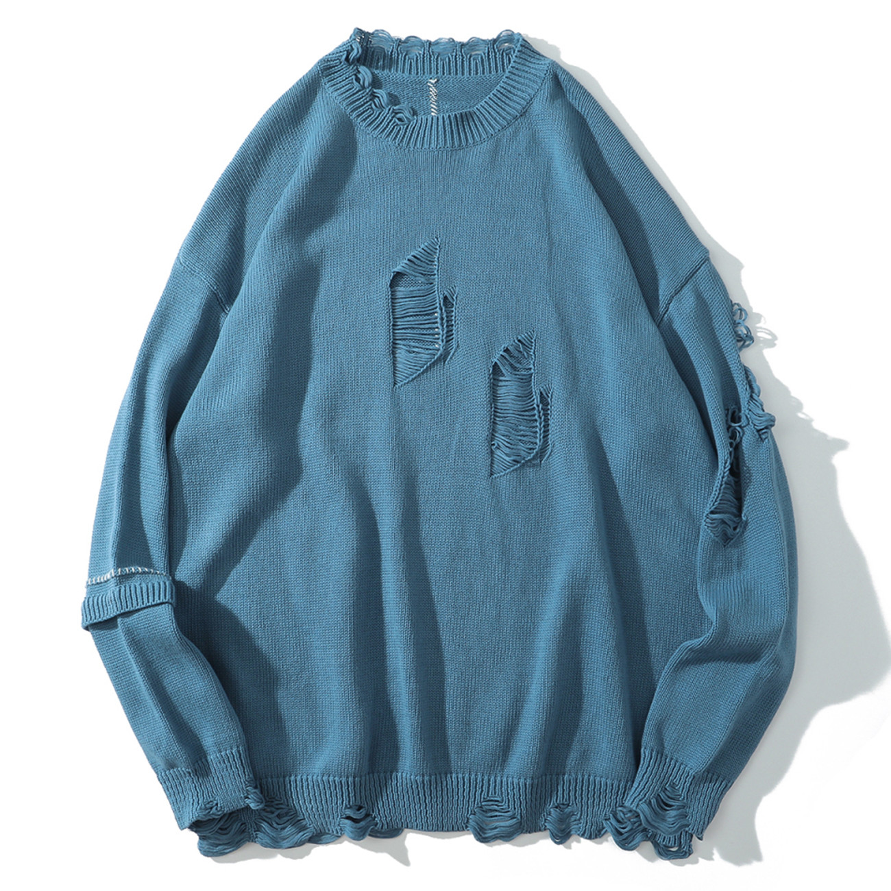 

2021 New Hip Hop Streetwear Knitwear Autumn Vintage Solid Ripped Hole Sweater Oversize Loose Pullover Men Clothing Harajuku Fn1m, Blue