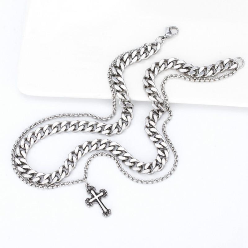 

style titanium steel retro punk men's cross double layer stainless steel necklace
