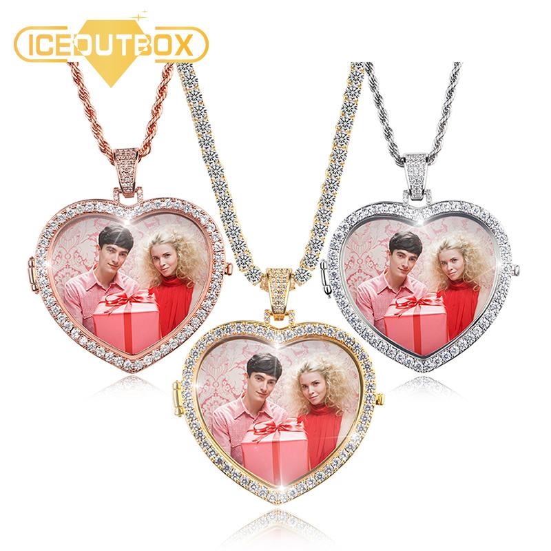 

Custom Made Photo Heart Crystal Medallions Pendants Necklaces Men's Hip Hop Jewelry Cubic Zircon Tennis Chain With Gift Box