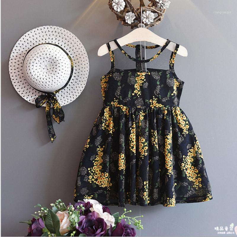 

Fashion Girls Summer Dress Sleeveless Floral Dress with Free Hat Children Clothing Kids Summer Wear Baby Girl Princess1, Yellow