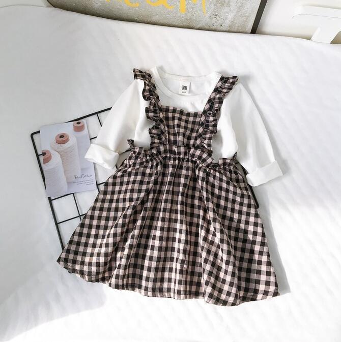 

2021 New Girls 2 Pcs Set T Shirt+ Plaid Dress Spring Cotton Fashion Full sleeve Girls Suits 0-5 years QI606, Black