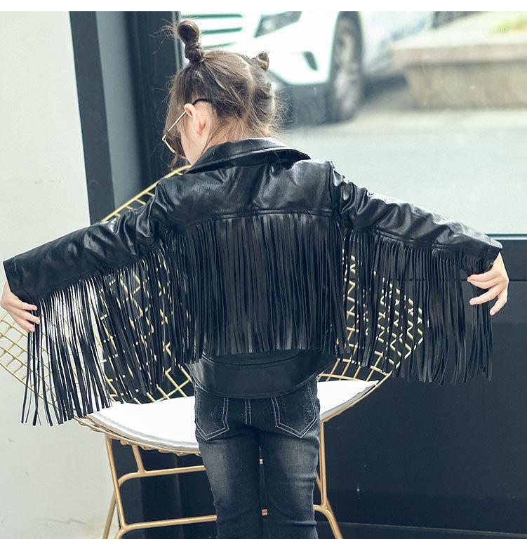 

Girl's Fashion Slim Leather Jackets Children Spring Autumn Long-Sleeved Tassels PU Leather Coats Kids Tops Clothing1, Black