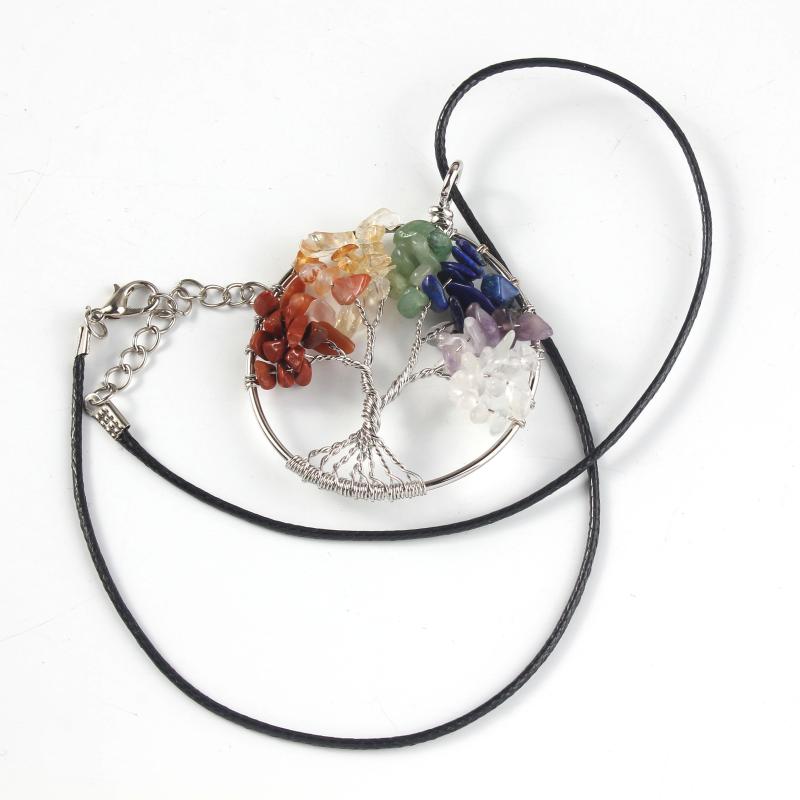 

Pendant Necklaces XSM Tree Of Life 7 Chakra Chips Wire Winding Natural Stone Reiki Healing Wax Leather Rope Chain Amulet Jewelry