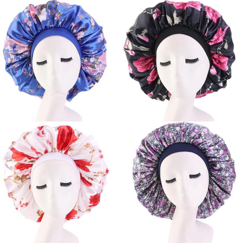 

Extra Large Print Night Sleep Hat Comfortable Women Fashion Elastic Wide Band Satin Bonnet Hair Cap Turban Beanies Skullies New, 04 white red