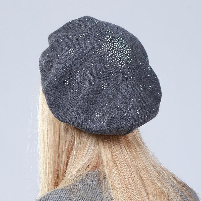 

Beret Women Winter Hat Knit Warm Rhinestone Double Layers Snow Casual Loose Outdoor Skiing Accessory, Black