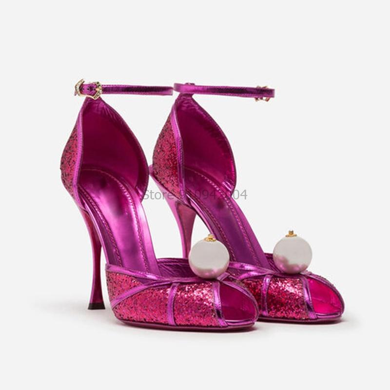 

Thin High Heel Sandals Woman Jeweled Pearl Ankle Strap Open Toe Shining Deep Toe Rhinestone Summer Sandals Women Dance Shoes, Style