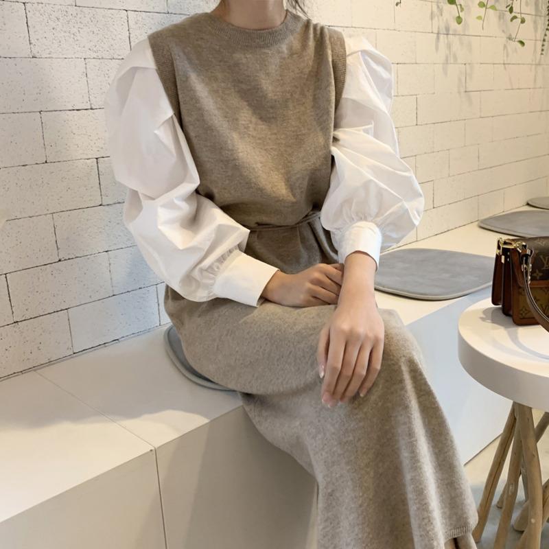 

EWQ] 2020 Autumn Female Elegante New Loose Casual Round Neck Patchwork Long Puff Sleeve Minimalist A-Line Dress With Belt 8D698, Black