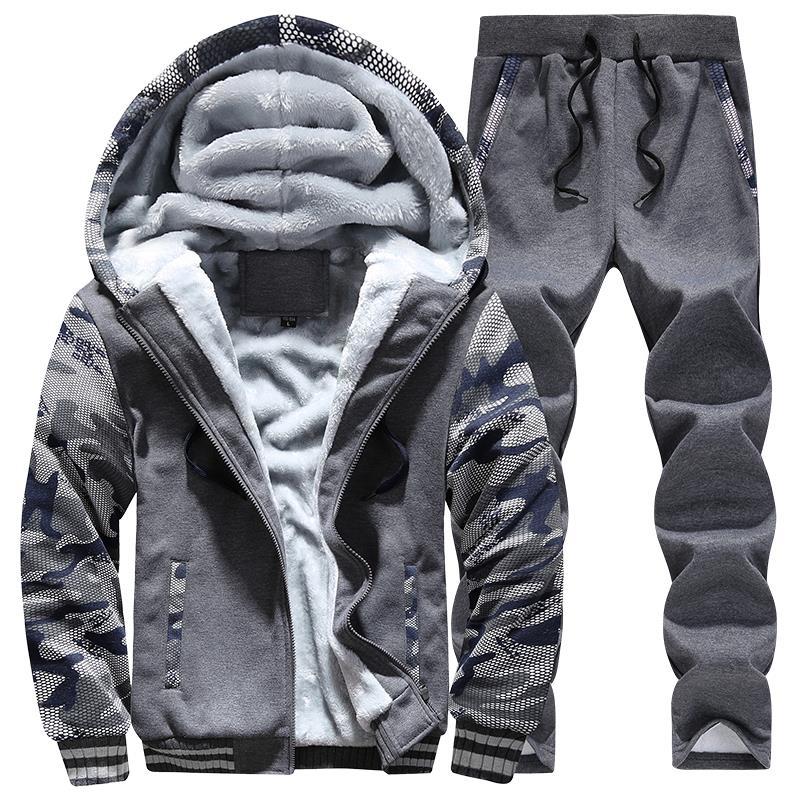 

2021 New Men Tracksuits Camouflage Fleece Warm Hooded Coat Autumn Winter Male Casual Suit Jacket+pant Mens Clothing Set 4xl 2v0f, Dark grey