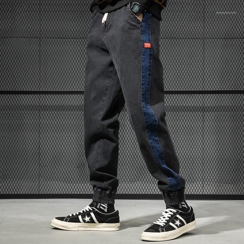 

Japanese Style Fashion Men Jeans Side Stripe Spliced Loose Fit Harem Jeans Cargo Pants Elastic Waist Hip Hop Men Joggers1, Black