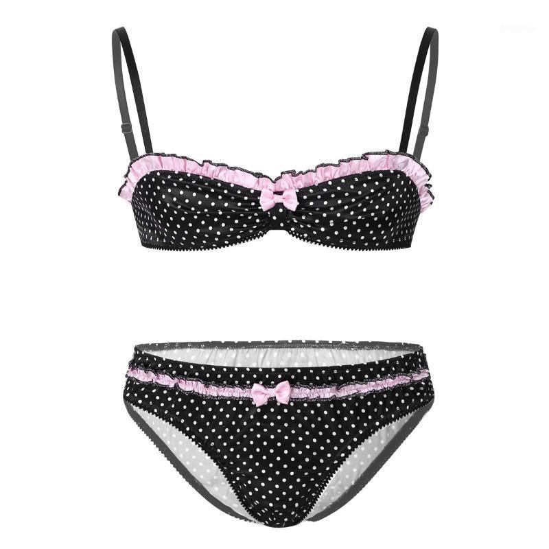 

Men's Sissy Lingerie Set Polka Dot Print Bra And Briefs Panties Gay Satin Underwear Nightwear Men Erotic Crossdressing Costumes1, Black