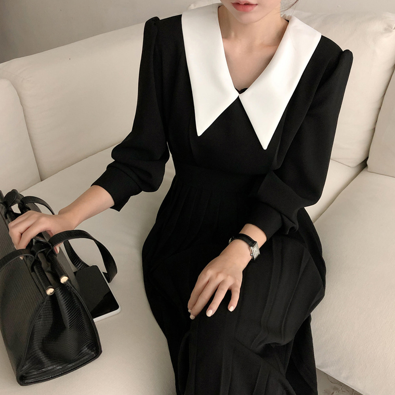 

2021 New Elegant Pleated Women Spring A-line Long Sleeve Midi Office Patchwork Autumn 2r0l, Black