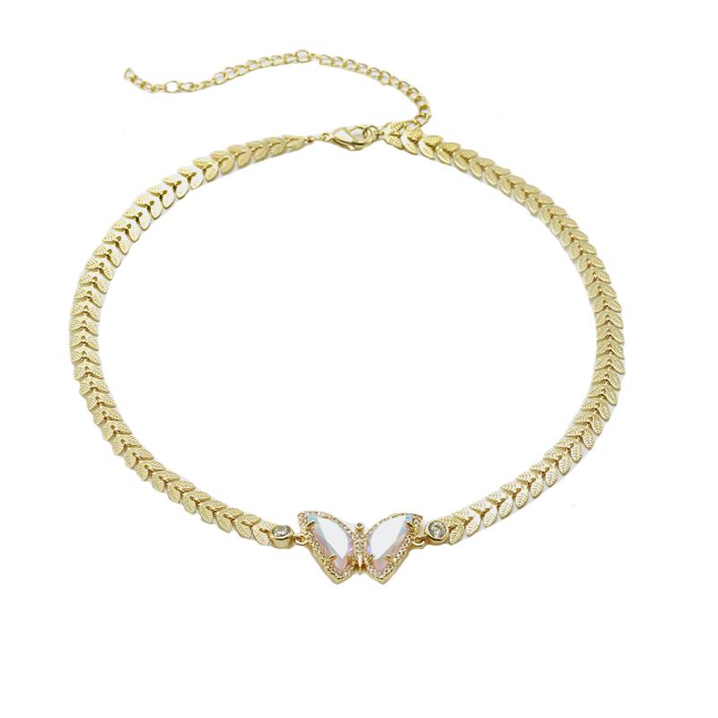 

Blue Glass Pave Zircon Jewelry Leaves Chain Chunky Butterfly Necklace for Women