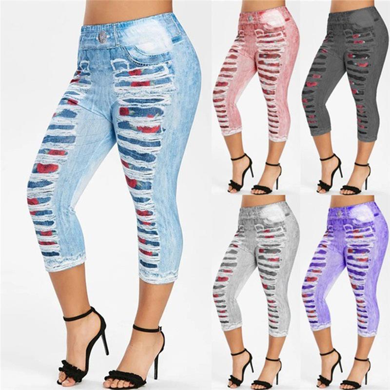 

Plus Size 2XL Women Yoga Short Leggings Faux Denim Ladies Short Pants Floral Printed High Waist Female Shorts, Pink