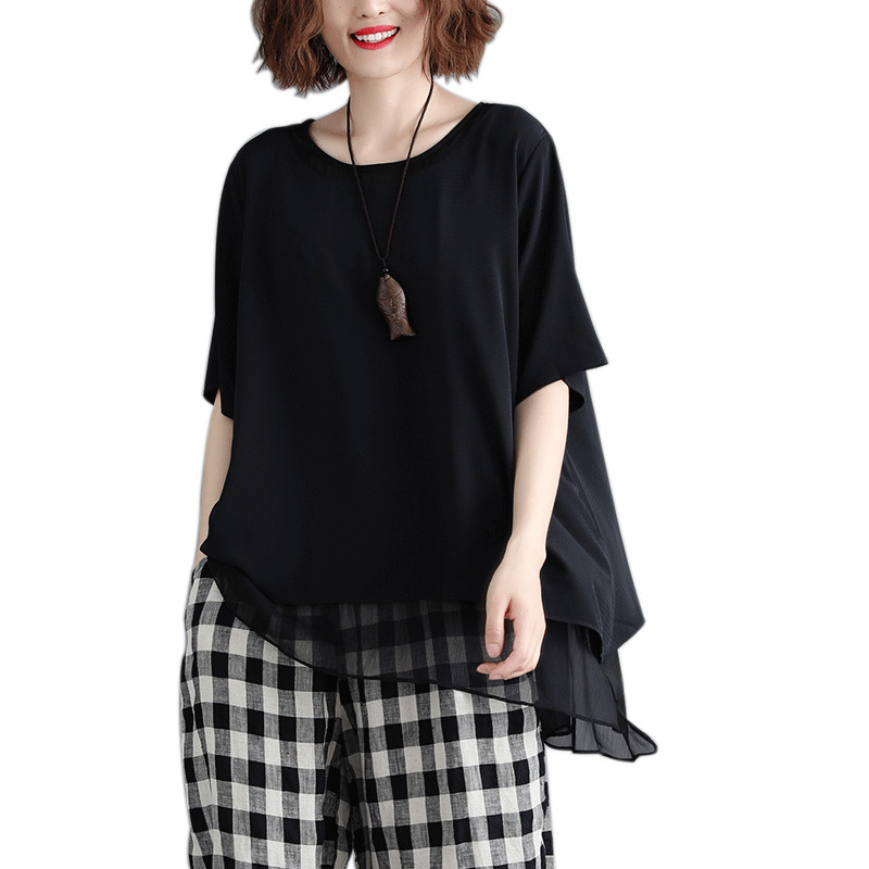 

2021 New the elegant pullover ladies'neck, upper part short h0018 chiffon glove temperament 4xl solid color of large, Black.