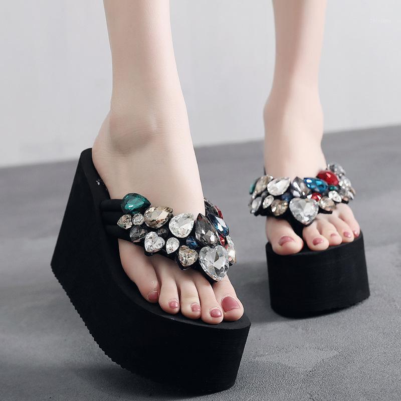 

Heart-shaped rhinestone decorate sandals women colorful crystal flip flops super high heels ladies handmade platform slippers 421, Silver