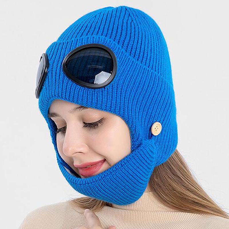 

Winter Cold Protection Ski Hat Creative Goggles Knitted Hat Outdoor Cycling Pilot Glasses Face Cover Integrated Warm, Yellow
