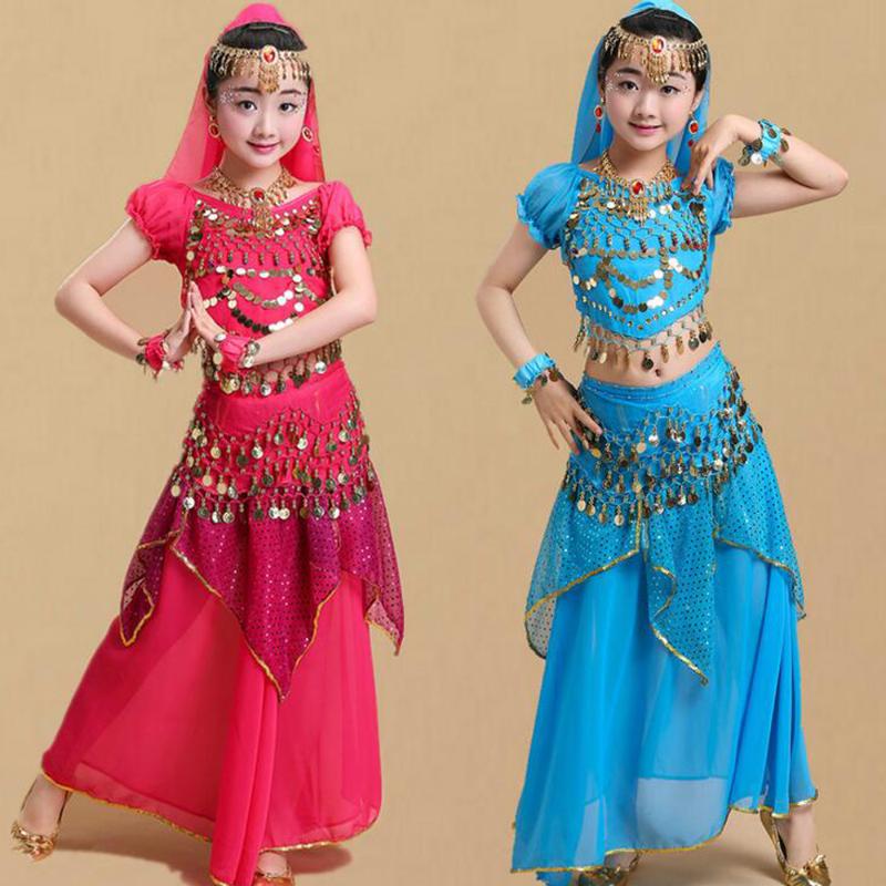 

Kids Belly Dance wear Costumes Girls Bollywood Dancing clothes Children Ballroom Stage Outfits Head Veil Top Belt Skirt, 3 pieces