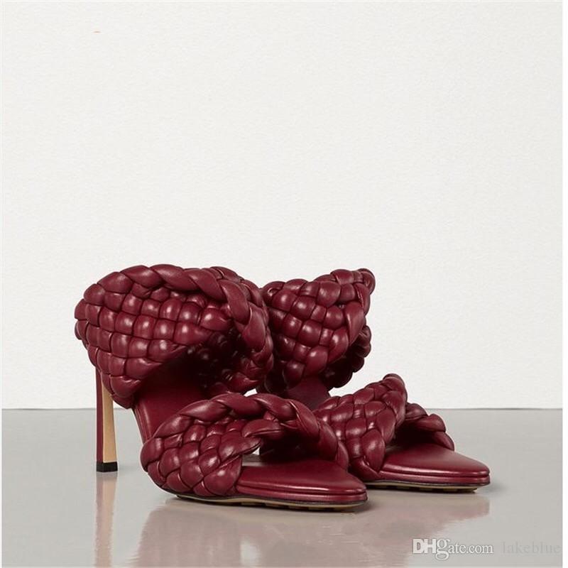 

Free shipping 2020 Ladies New Style real leather Wattled knit high heel Peep-toe pointed toe slippers SANDALS SHOES 34-44, Black