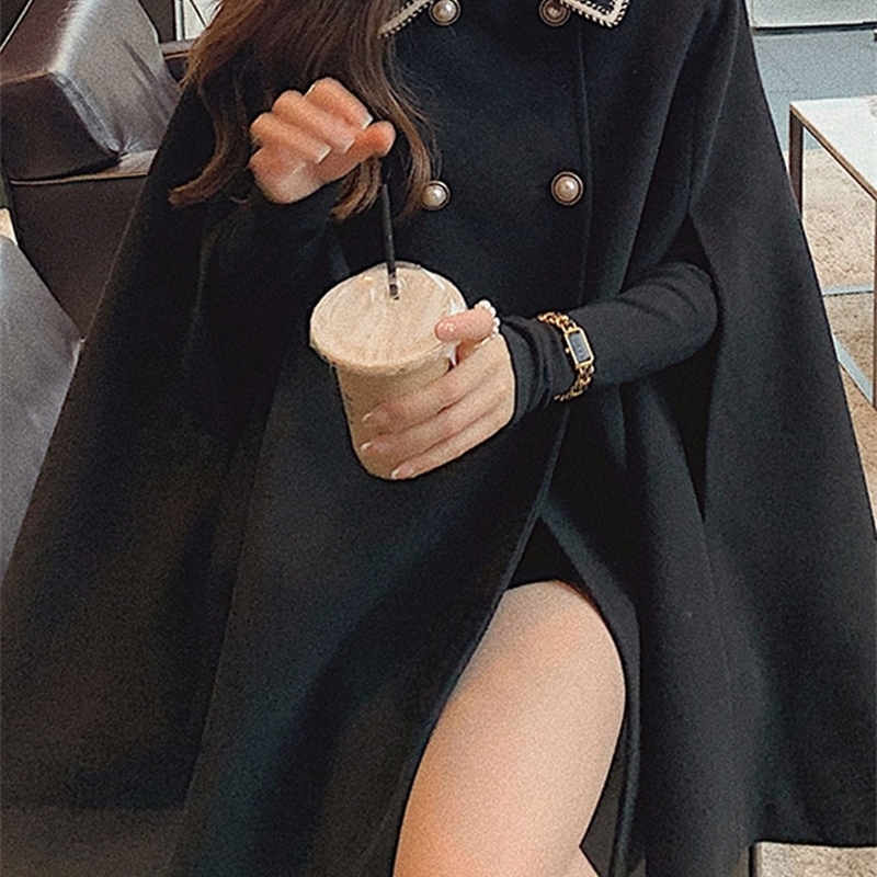 

Autumn / winter 2020 fashion brand woolen cape coat women' Hepburn medium long small denim coat, Black