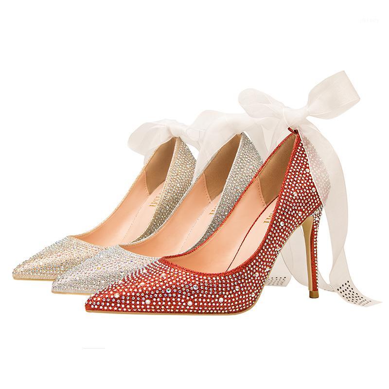 

ACILICI-7232 Banquet Women's Shoes Thin Heeled Shallow Mouth Pointed Sexy Wedding Shoes Slim Crystal Colorful Sandals1, Gold