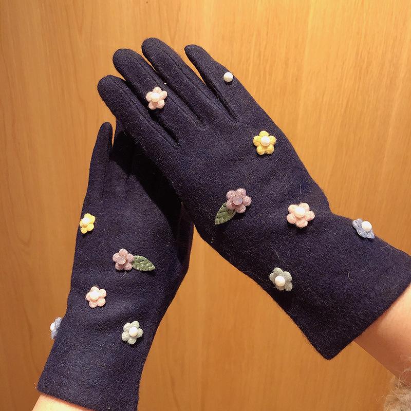 

2020 Winter Women Gloves Cashmere Wool Mittens Female Small Flower Warm Touch Screen Driving Gloves HD13167A15