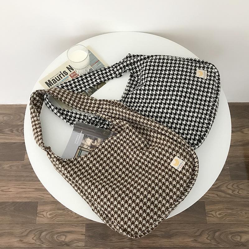 

Women Canvas Shoulder Bags Houndstooth Pattern Cloth Fabric Tote Large Handbag Cute Books Bags Woolen Shopping Bag For Ladies, Brown houndstooth b