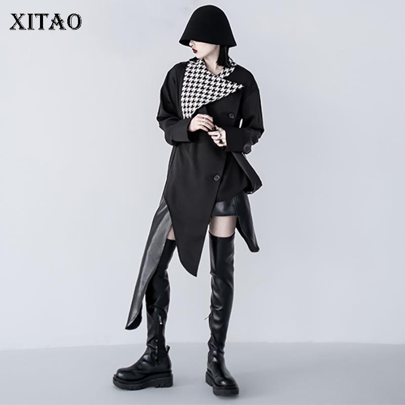 

XITAO Plaid Patchwork Blouse Women Asymmetrical Tide Fashion Style Turn Down Collar Long Sleeve Tassel Single Breasted ZY3492, Black zy3492
