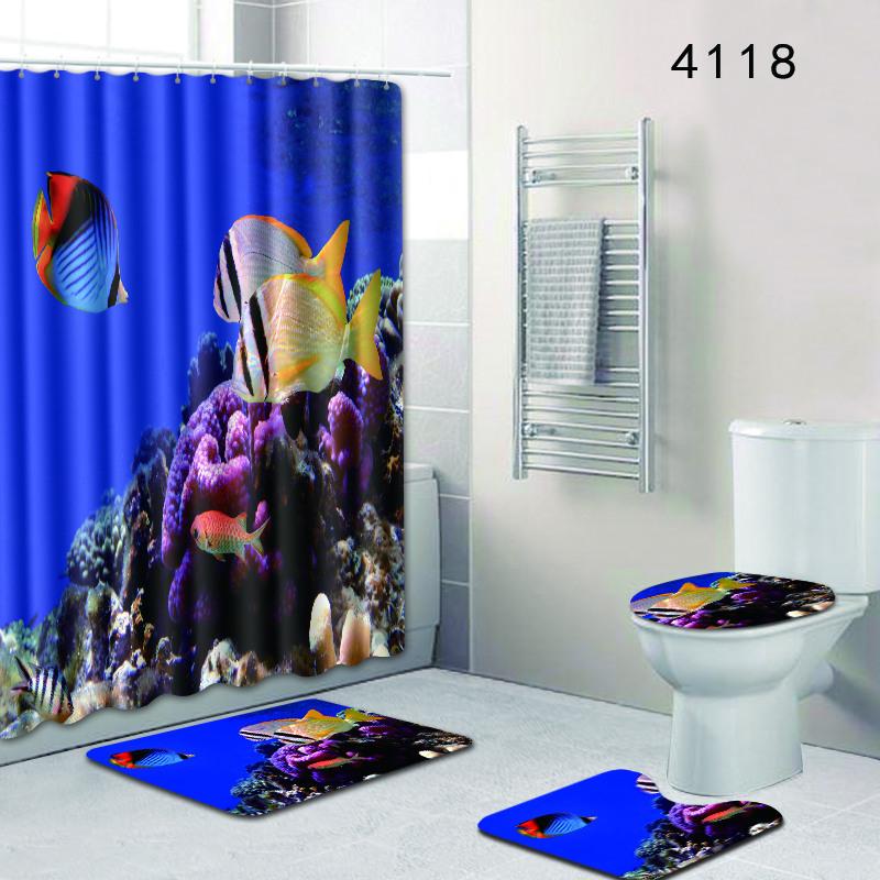 

180X180cm Shower Curtain + 4pcs/Set Bath Mat Ocean Dolphin Deep Sea Bathroom Waterproof with 12 Hooks Toilet Cover Bath Mat Set