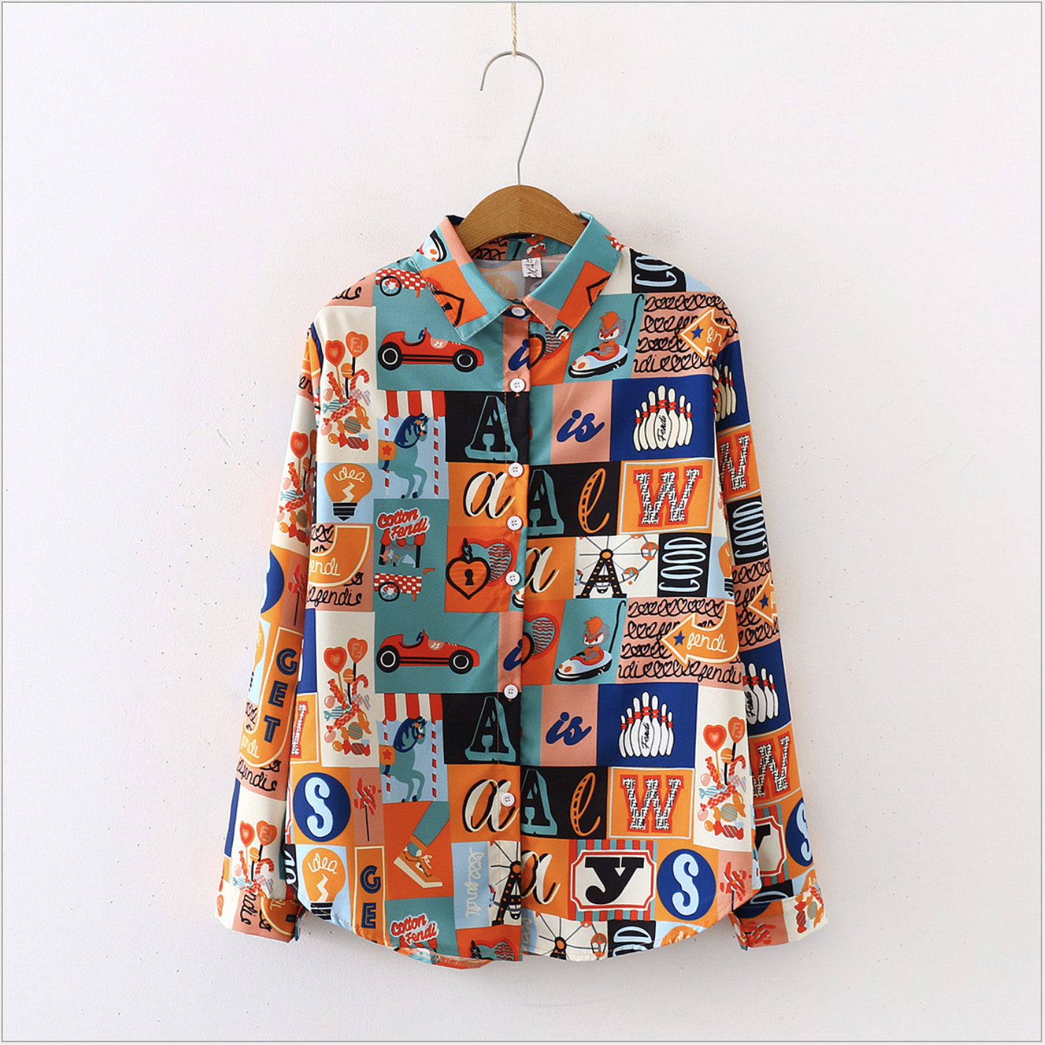 

Women Designer Lapel Neck Button Blouse Anime Cartoons Letter Geometric Print Luxury Cardigan Blouses Fashion Shirts Long Sleeve Tops Shirt, As picture