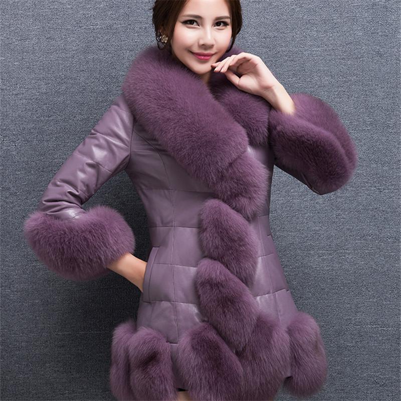 

Women Winter Imitate Faux Fur collar Coat Korean plus size Slim PU Leather Jacket Female fashion Mid-length overcoat 6XL A512, White