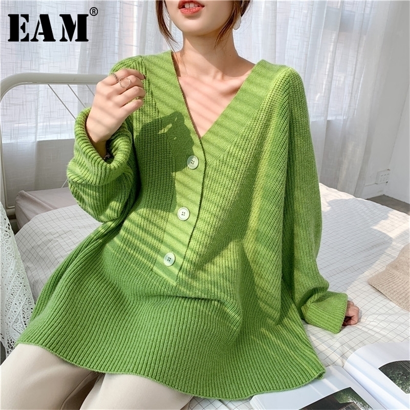

[EAM] Gray Big Size Knitting Sweater Loose Fit V-Neck Long Sleeve Women Pullovers New Fashion Tide Autumn Winter 1Y173 201130