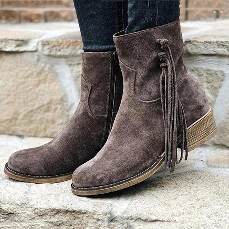 

New Autumn Woman's Zipper Ankle Boots Woman Flock Square Low Heel Women Solid Fringe Shoes Famale Sewing Fashion Boots Plus Size1, Dark brown