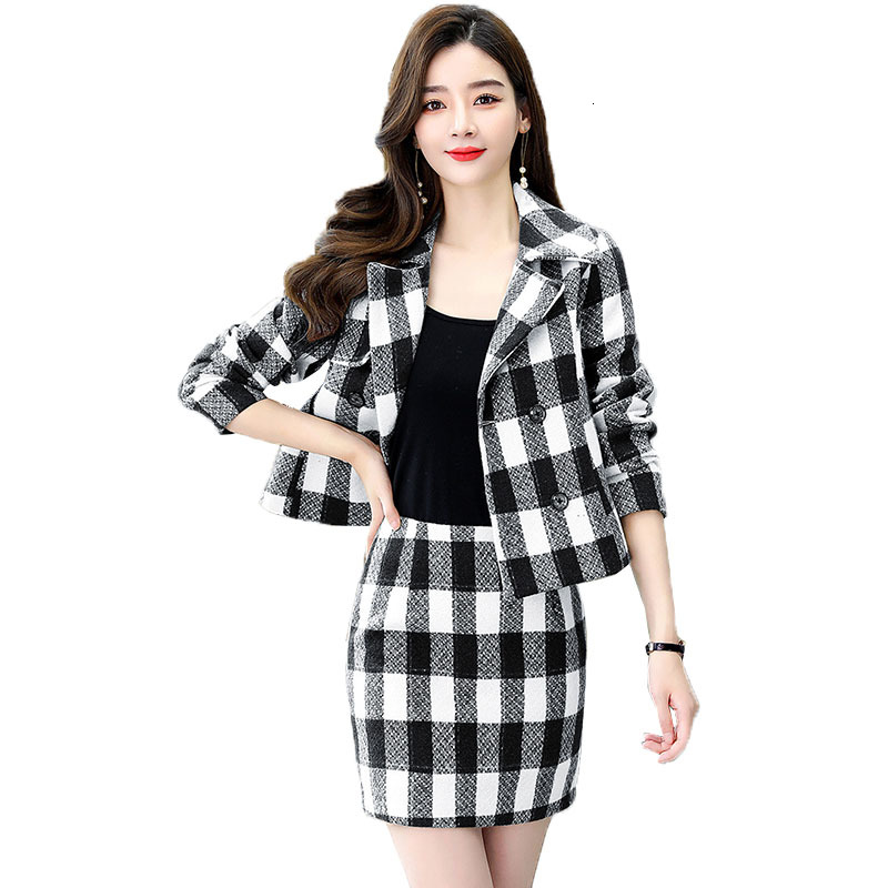 

Spring Autumn Plaid Wool Jacket Elegant Suit Skirt Two Sets of Double Breasted Office Pieces Mrs. Female Outfits Blazer R673 W3qd, Brown