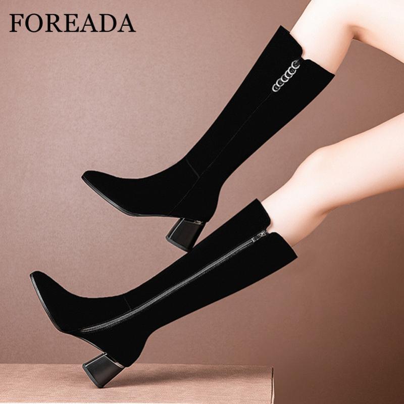 

FOREADA Natural Genuine Leather Knee High Boots High Heel Women Boots Chunky Heel Long Zip Pointed Toe Ladies Shoes Black1, Black