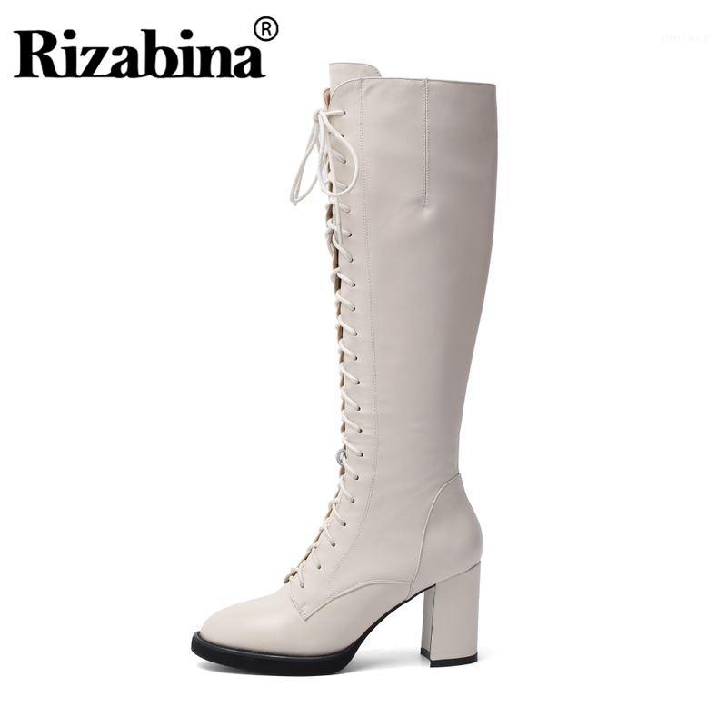 

RIZABINA Knee High Boots Women Brand Real Leather Knight Shoes Women New Winter Cross Strap High Heels Long Boots Size 34-391, Beige