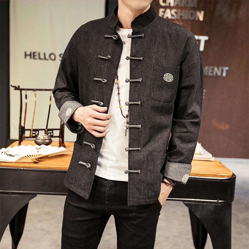 

Chinese style men denim jacket Spring autumn Embroidered cowboy Casual jacket mens Retro coat Male Single-breasted outerwear 5XL, Black