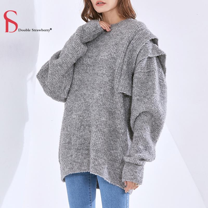 

Double Strawberry Winter Fashion Elegant Women Casual Round Leader Splicing Ruffled Long-sleeved Loose Solid Color Wild Sweater, Gray